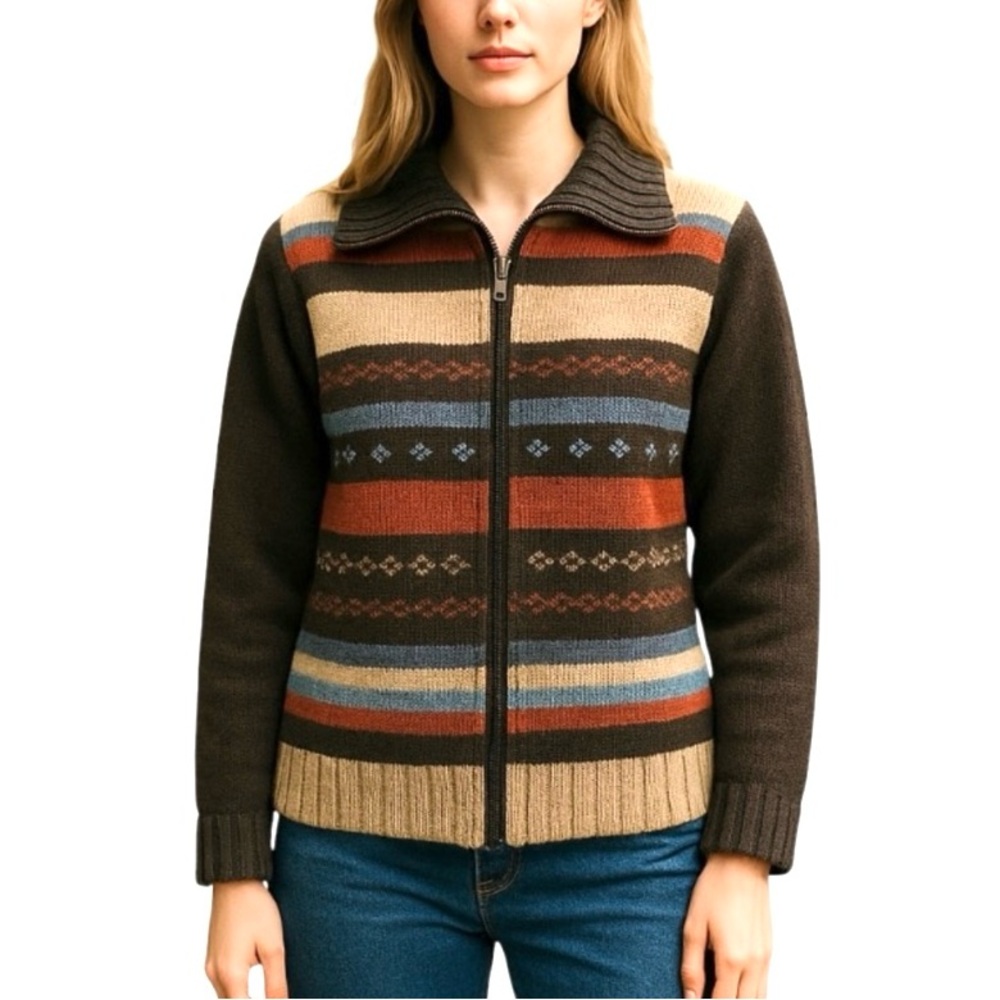 Vintage Crazy Horse Wool Zip Sweater Fair Isle Nordic Ski Stripe Cottagecore M
